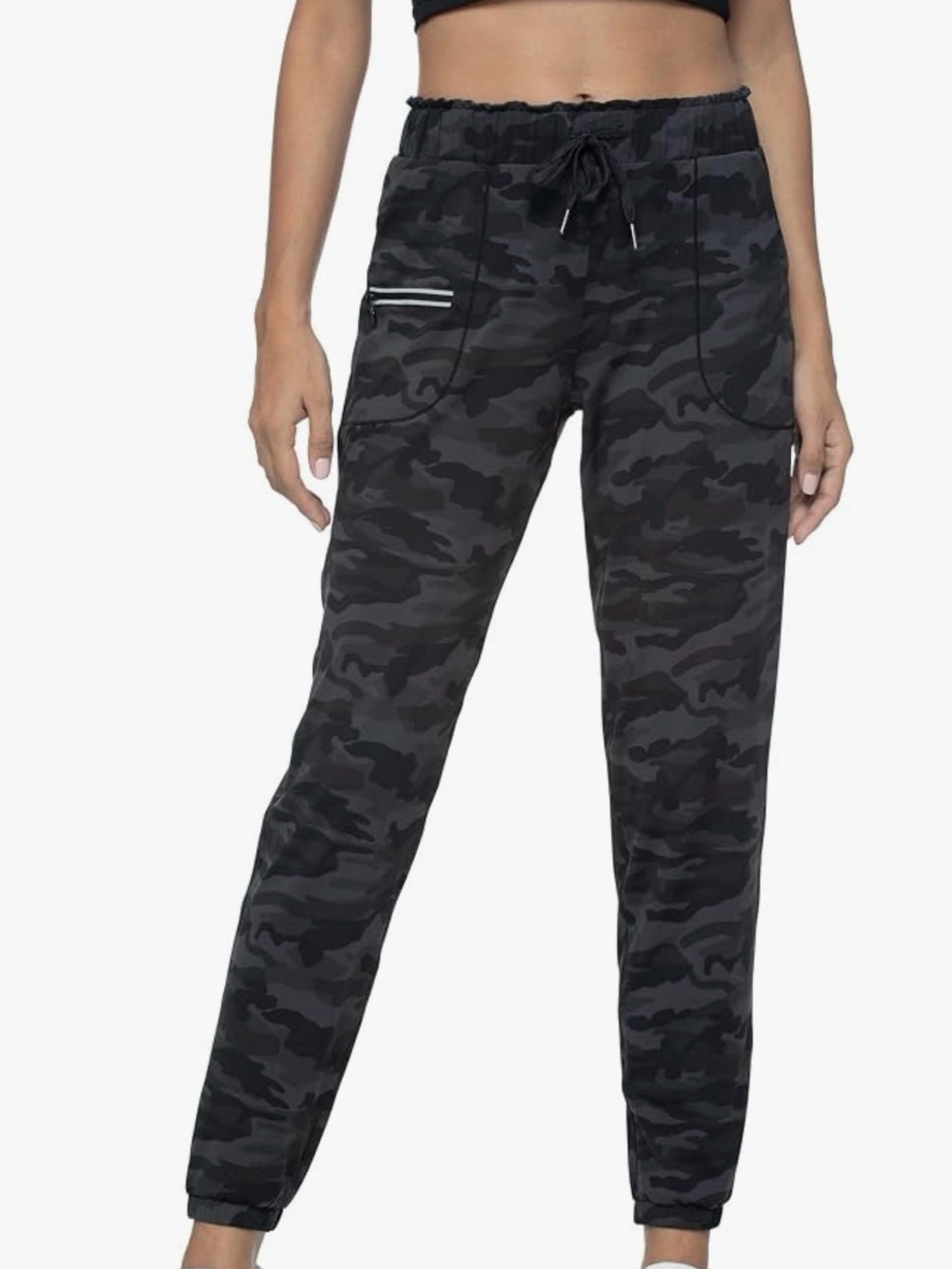 0157 Women's Black Gray Camo Jogger Pants with Drawstring Waist